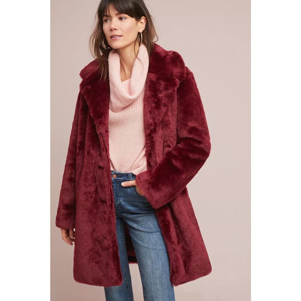 Anthropologie Tayberry Faux Fur Coat XS Burgundy Red Button-Front EUC